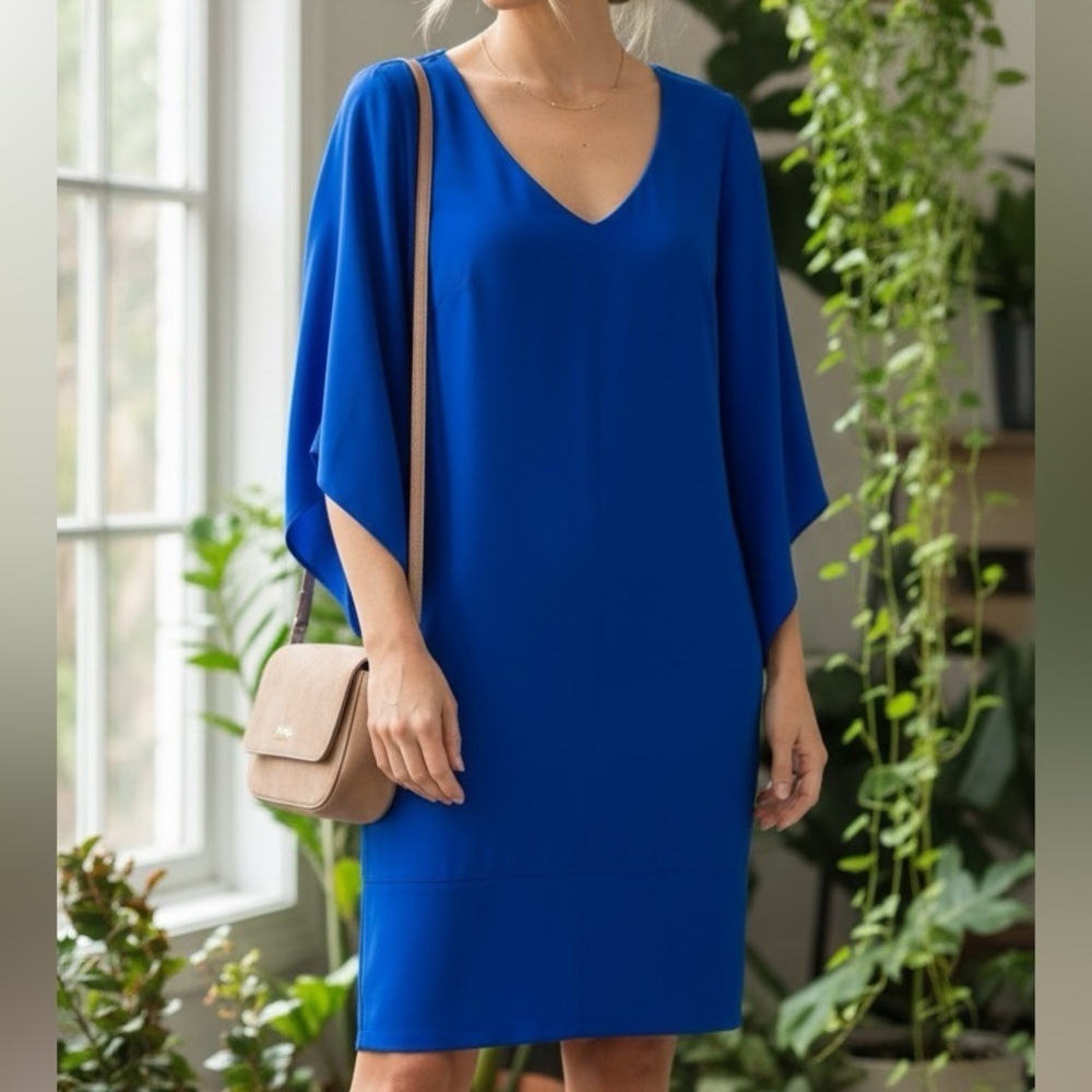 Laundry By Shelli Segal Blue Ruched Sheath Dress with Dolman Sleeves